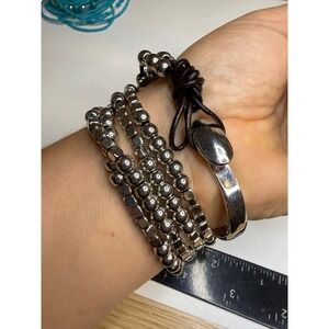 Silver Tone Multi Strand Beaded Leather Wrap Bracelet with Hook Clasp